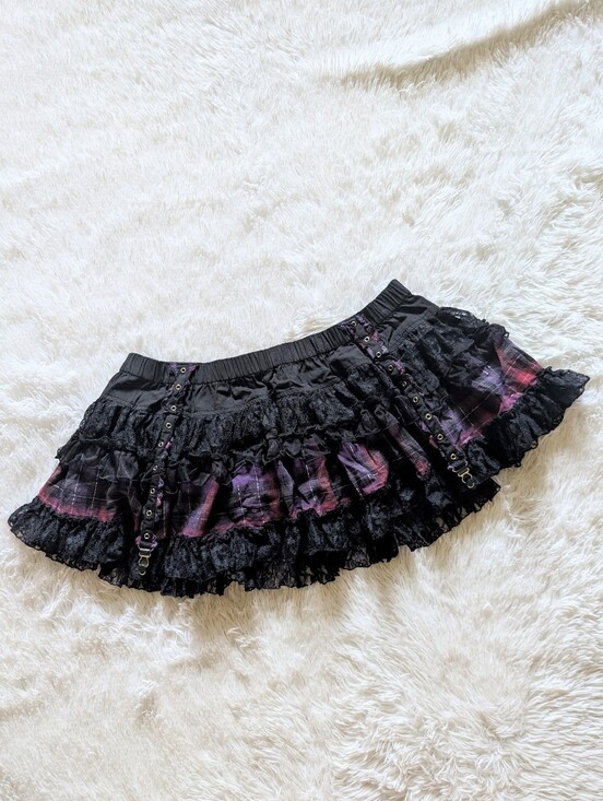 Tripp nyc Dresses & Skirts - Y2K Tripp NYC Garter Strap Purple Plaid & Black Lace Gothic Mini Skirt XL